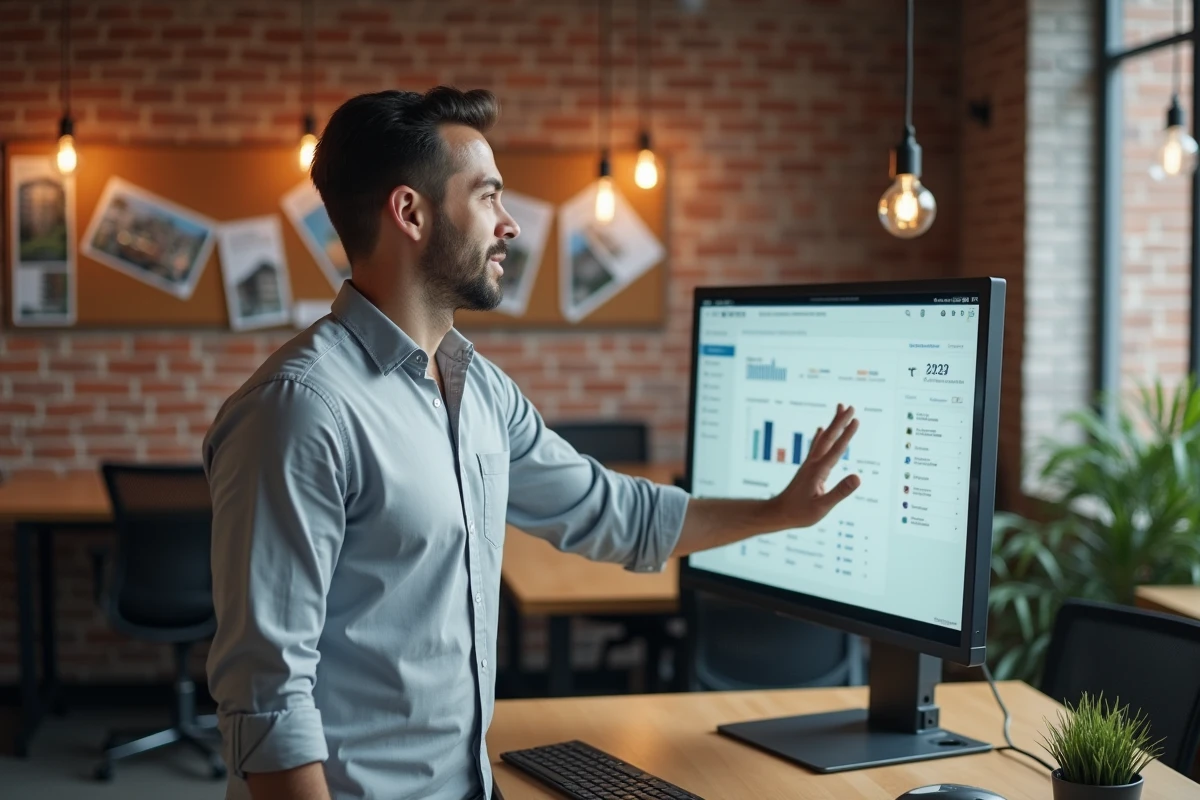 Agent immobilier consultant le tableau de bord du bureau propriétaire ITEA sur grand écran