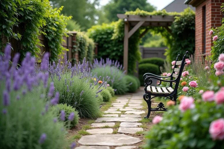 Allée de jardin en pierre entourée de fleurs de lavande, roses et glycine grimpante sur une pergola en bois rustique