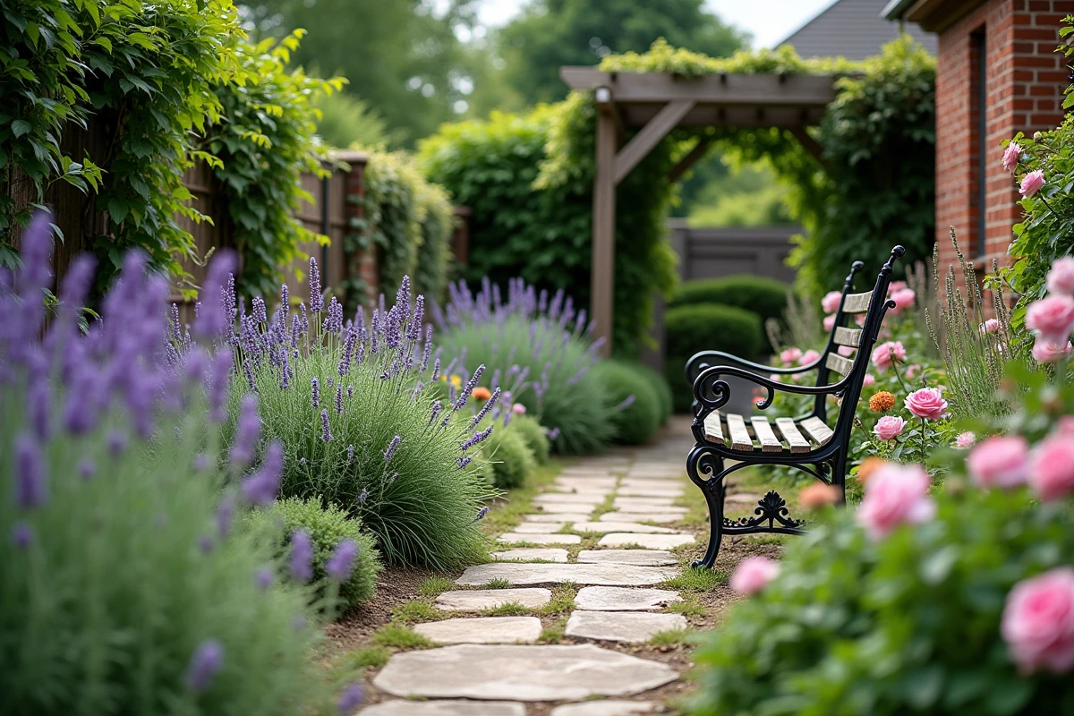 Allée de jardin en pierre entourée de fleurs de lavande, roses et glycine grimpante sur une pergola en bois rustique