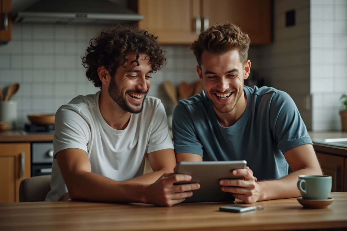 Deux jeunes hommes regardant un film sur une tablette en cuisine