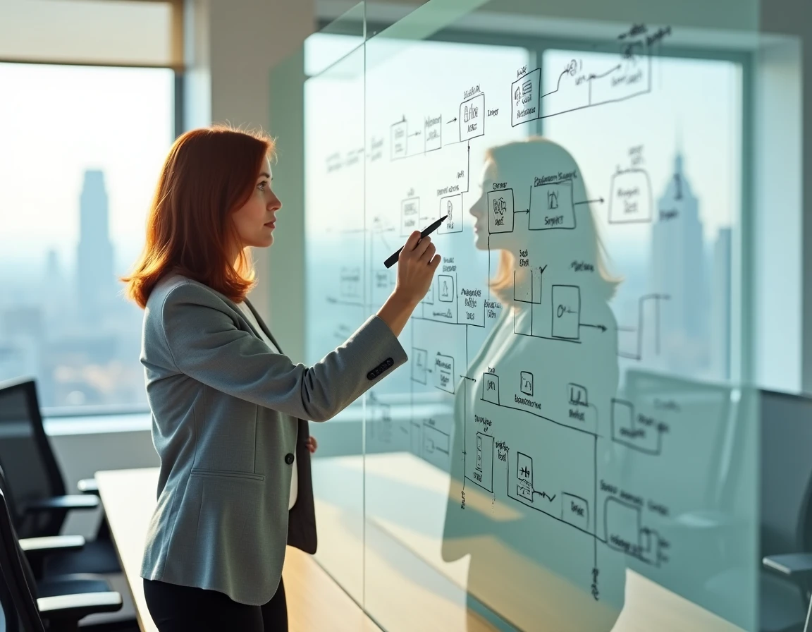 Femme d'affaires présentant une architecture d'intégration de données sur un tableau blanc dans une salle de réunion moderne