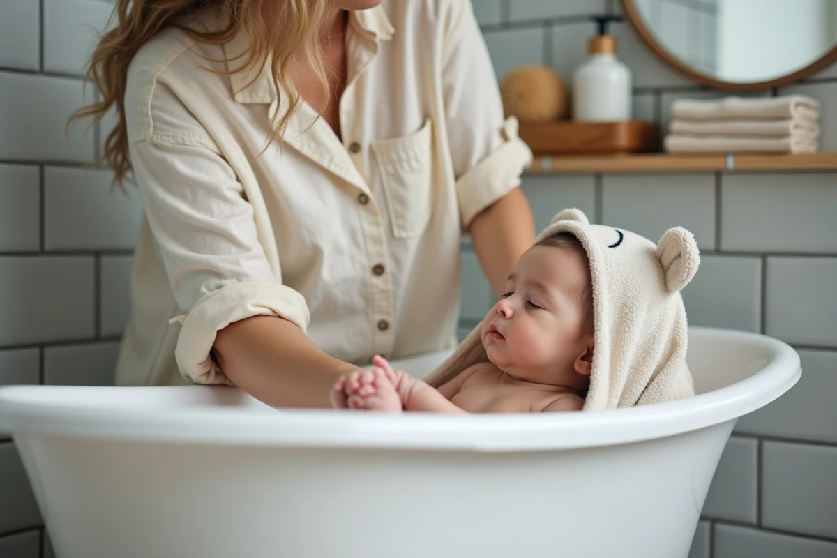 Mère sortant son bébé somnolent du bain enveloppé dans une serviette à capuche dans une salle de bain claire