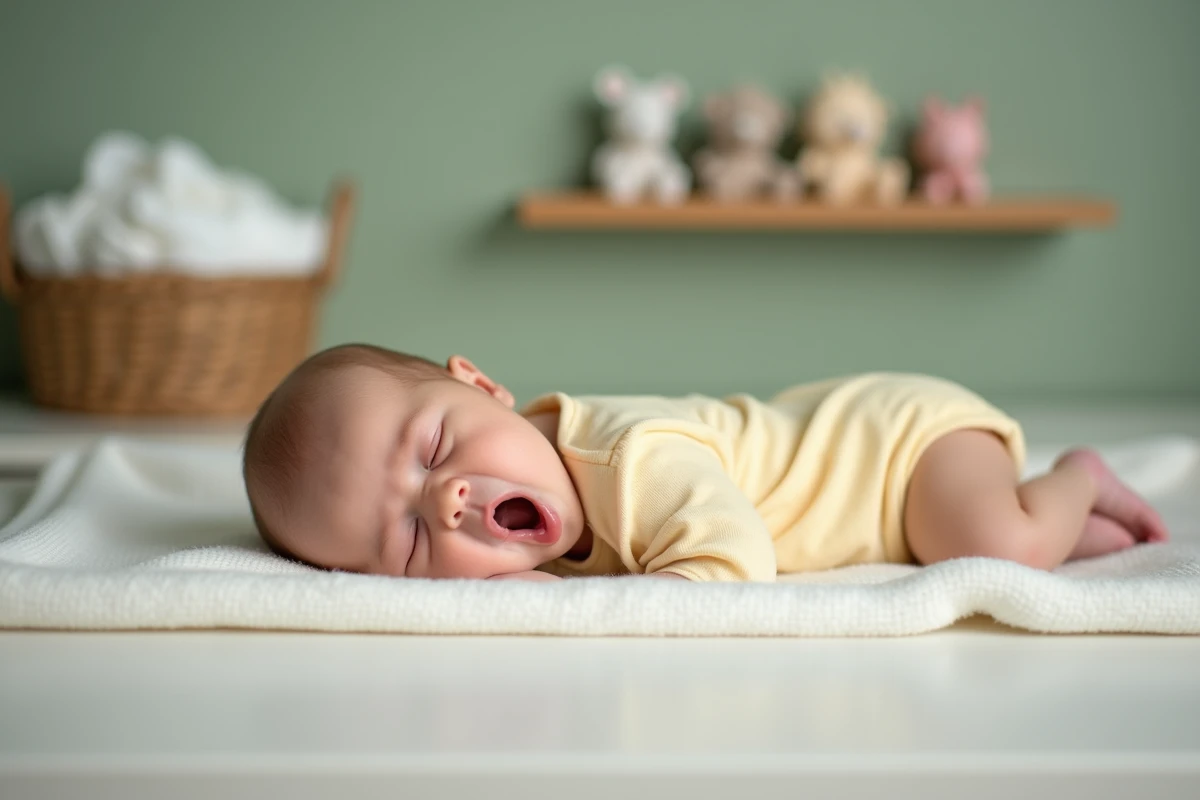 Bébé somnolent en body jaune sur la table à langer après le bain dans une chambre sage verte