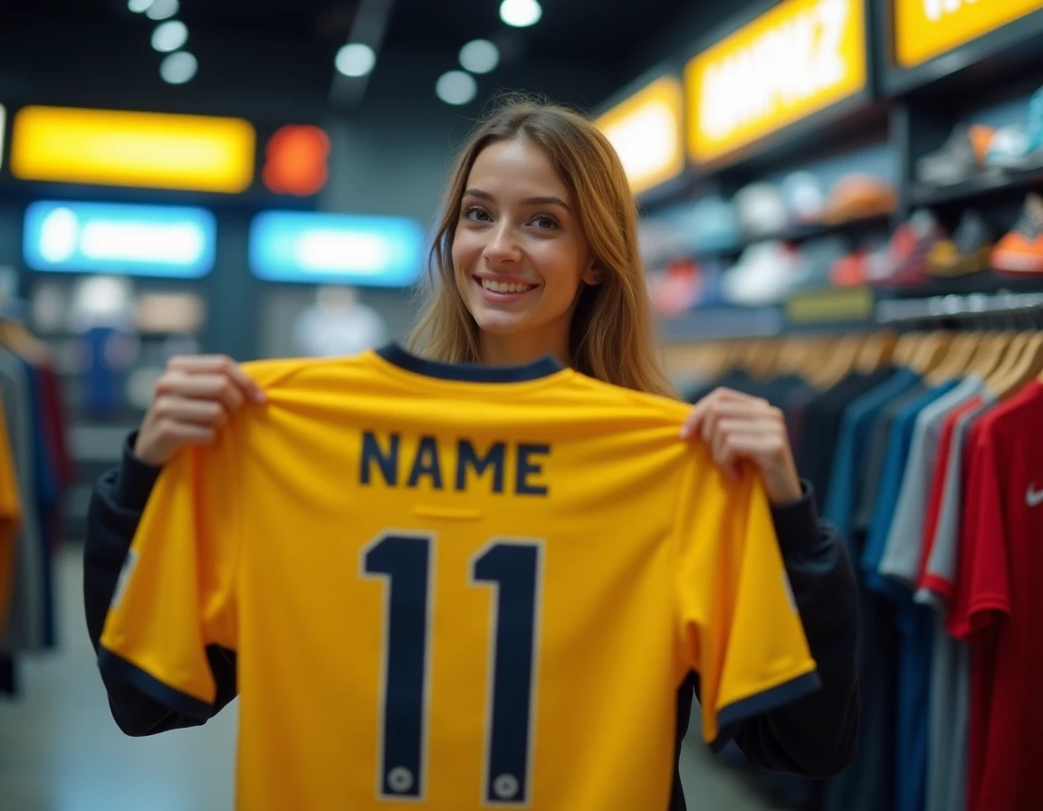 Jeune femme tenant un maillot de football jaune personnalisé avec flocage nom et numéro dans un magasin Intersport