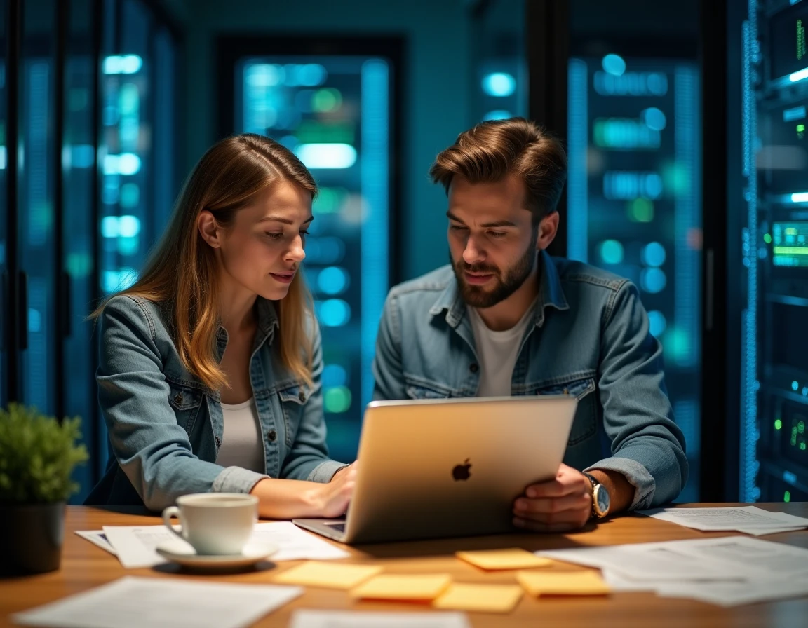 Deux professionnels collaborant sur des documents d'intégration API dans une salle technique avec des serveurs en arrière-plan