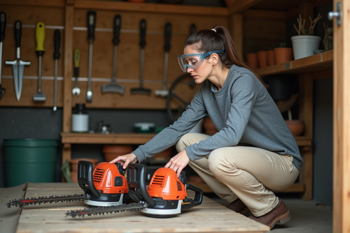 Femme comparant deux modèles de débroussailleuses sur un établi dans un atelier de jardin