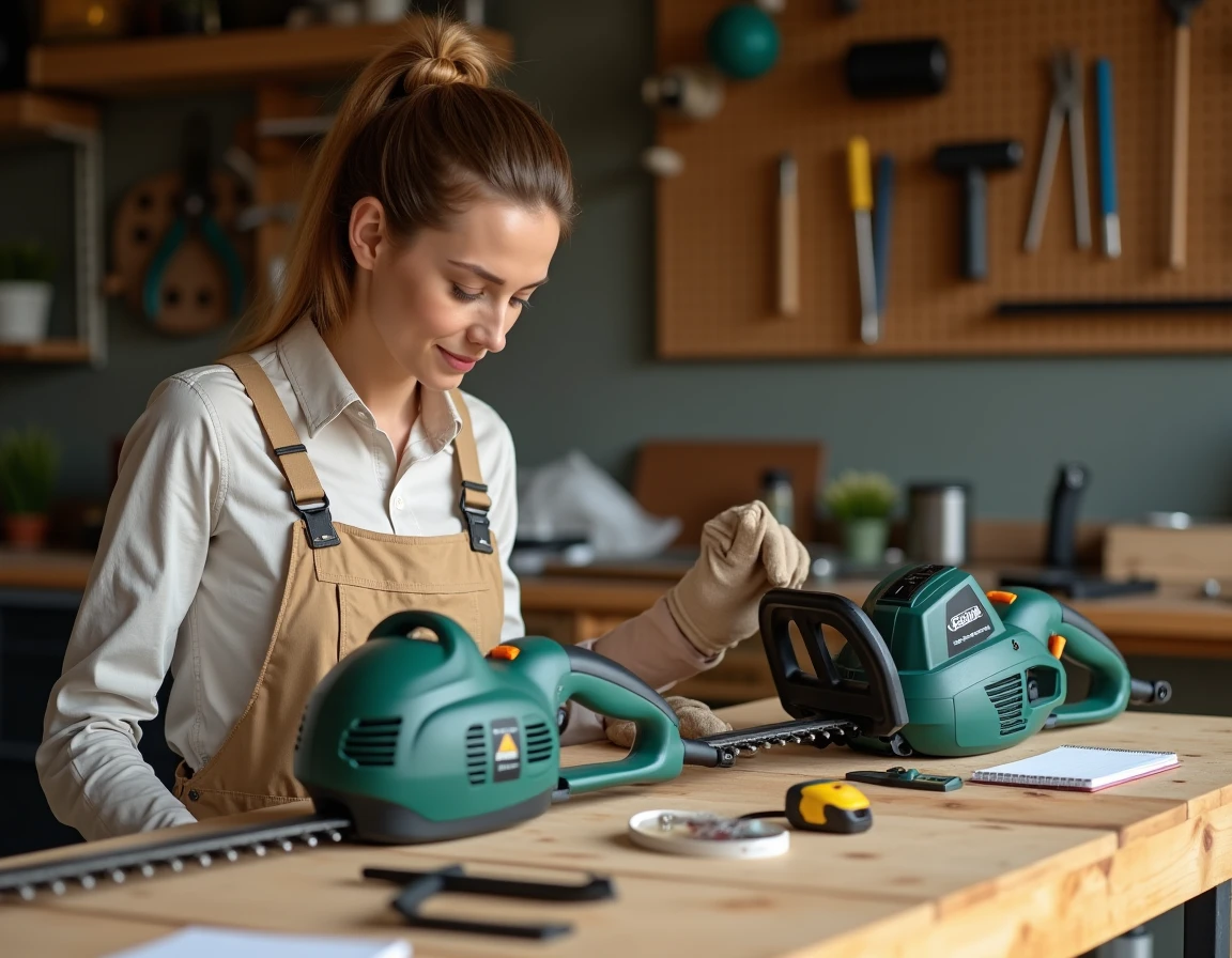 Femme comparant deux modèles de taille-haie électriques sur un établi dans un garage bien rangé