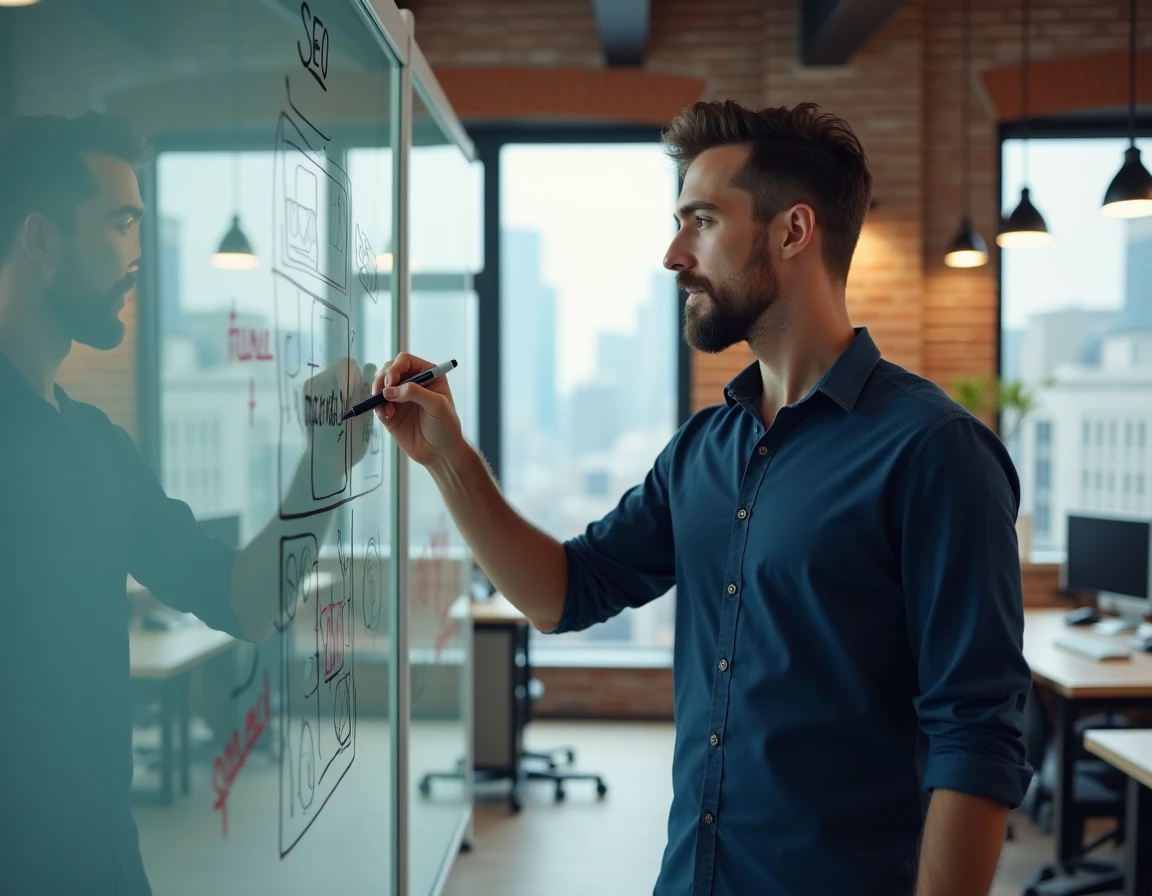 Consultant SEO présentant une stratégie de référencement naturel sur un tableau blanc en agence digitale