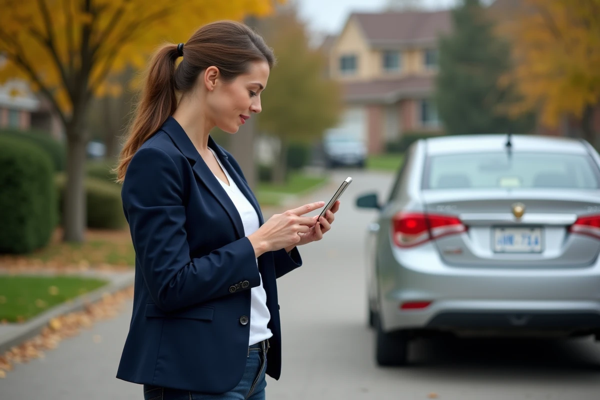 Femme consultant le site ANTS sur smartphone pour vérifier le transfert de carte grise après vente de voiture
