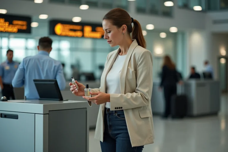 Femme tenant des flacons de parfum à un poste de contrôle douanier à l'aéroport avant de passer la frontière espagnole