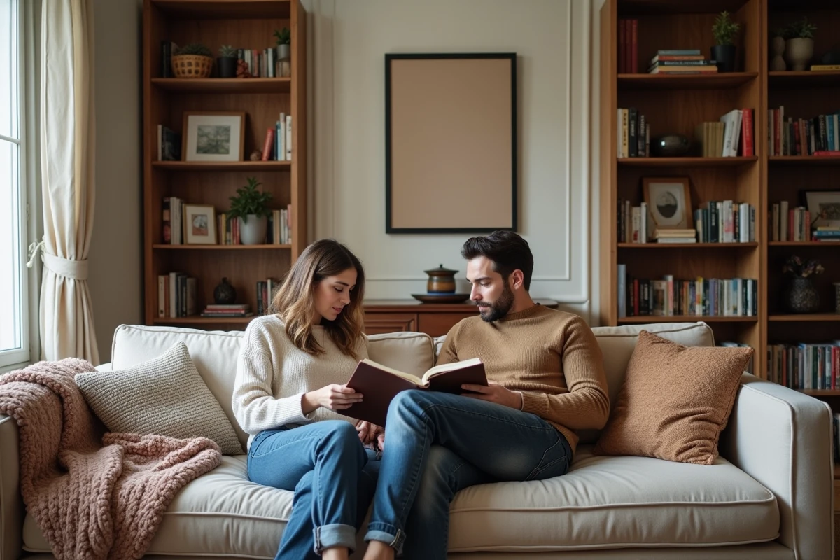 Couple se relaxant dans un appartement parisien, scène de vie intime et moderne en famille