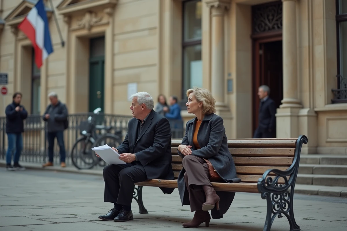 Couple assis devant une mairie française en réflexion
