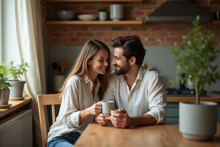 Couple complice partageant un moment intime et détendu dans leur cuisine rustique à la maison