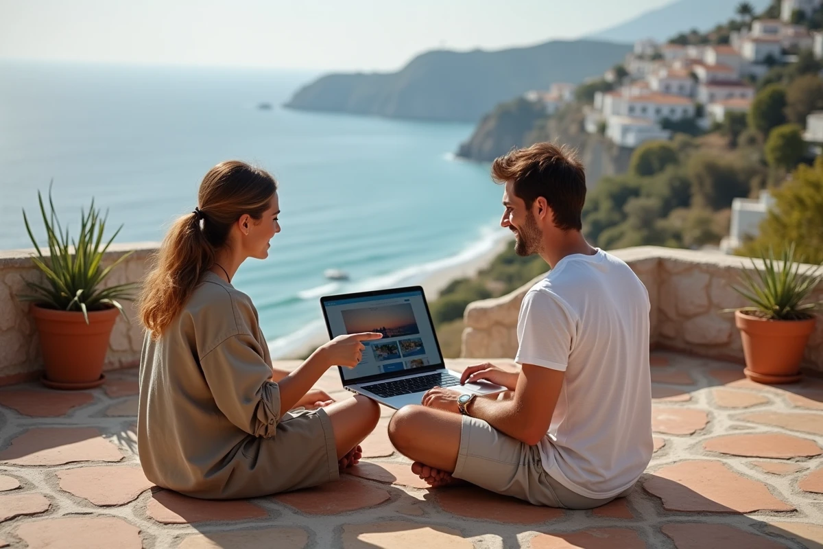 Couple planifiant leur itinéraire de tour du monde sur un ordinateur portable depuis une terrasse avec vue sur la mer