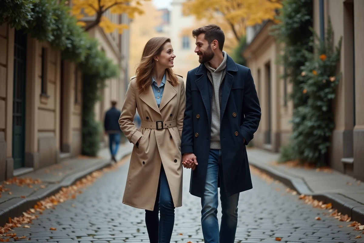 Couple se promenant main dans la main dans une rue pavée d'un quartier européen en automne