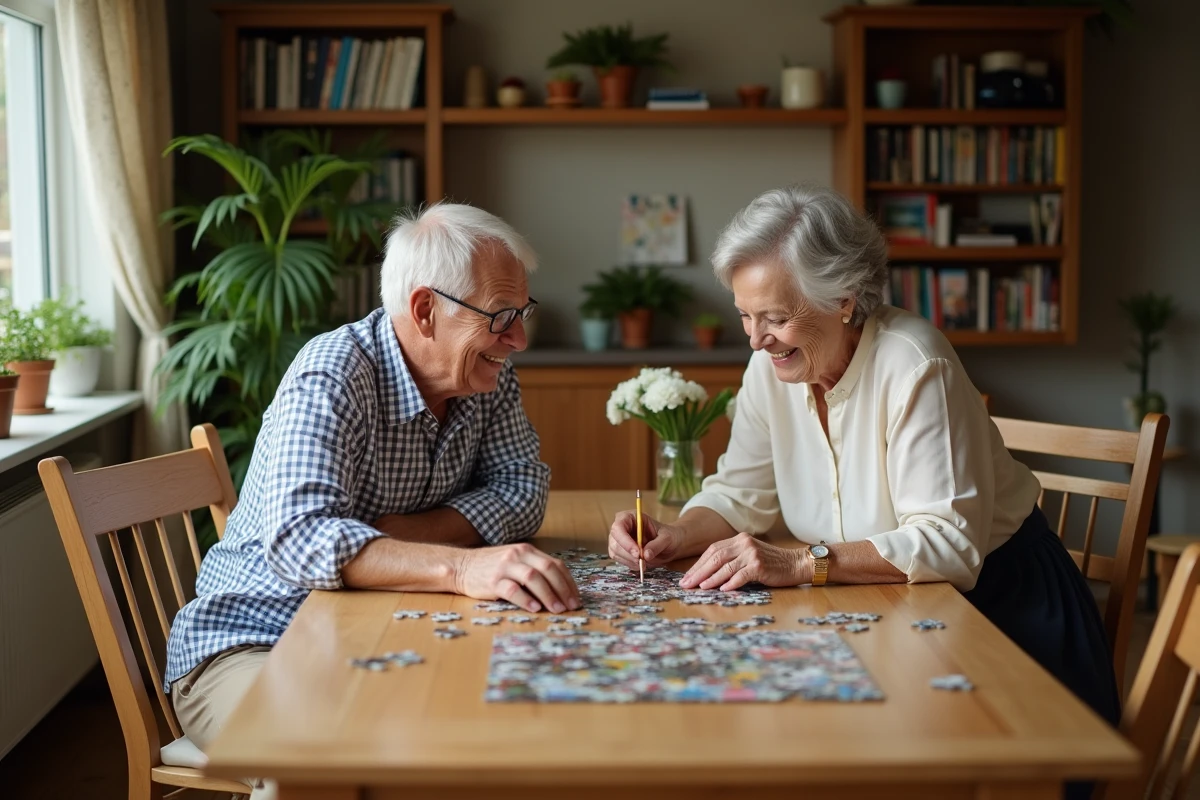 Couple retraité jouant au puzzle dans leur salon lumineux