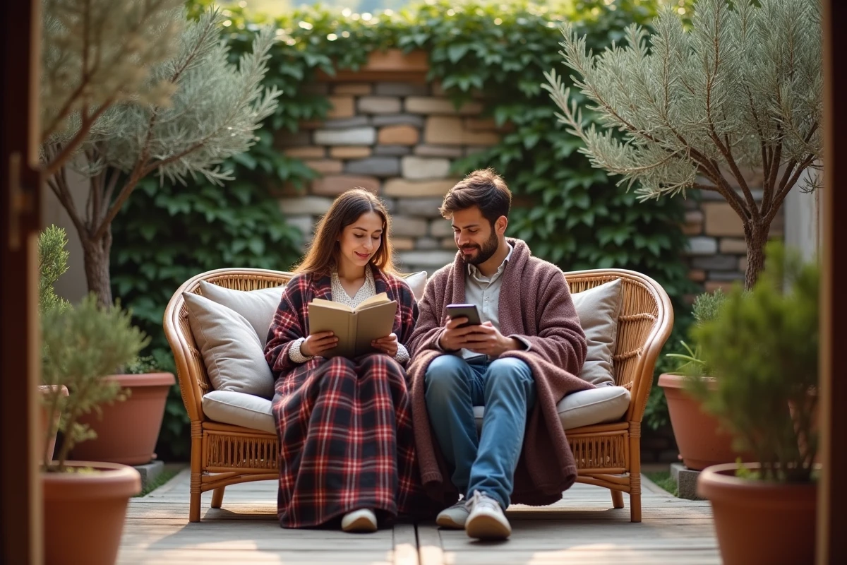 Couple détendu sur une terrasse privée entourée de verdure, lisant et se relaxant ensemble