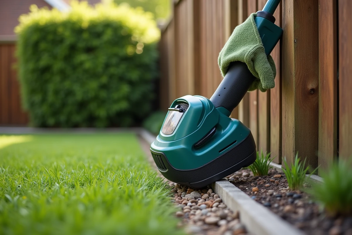 Débroussailleuse à batterie appuyée contre un poteau en bois dans un jardin entretenu avec des herbes coupées au sol