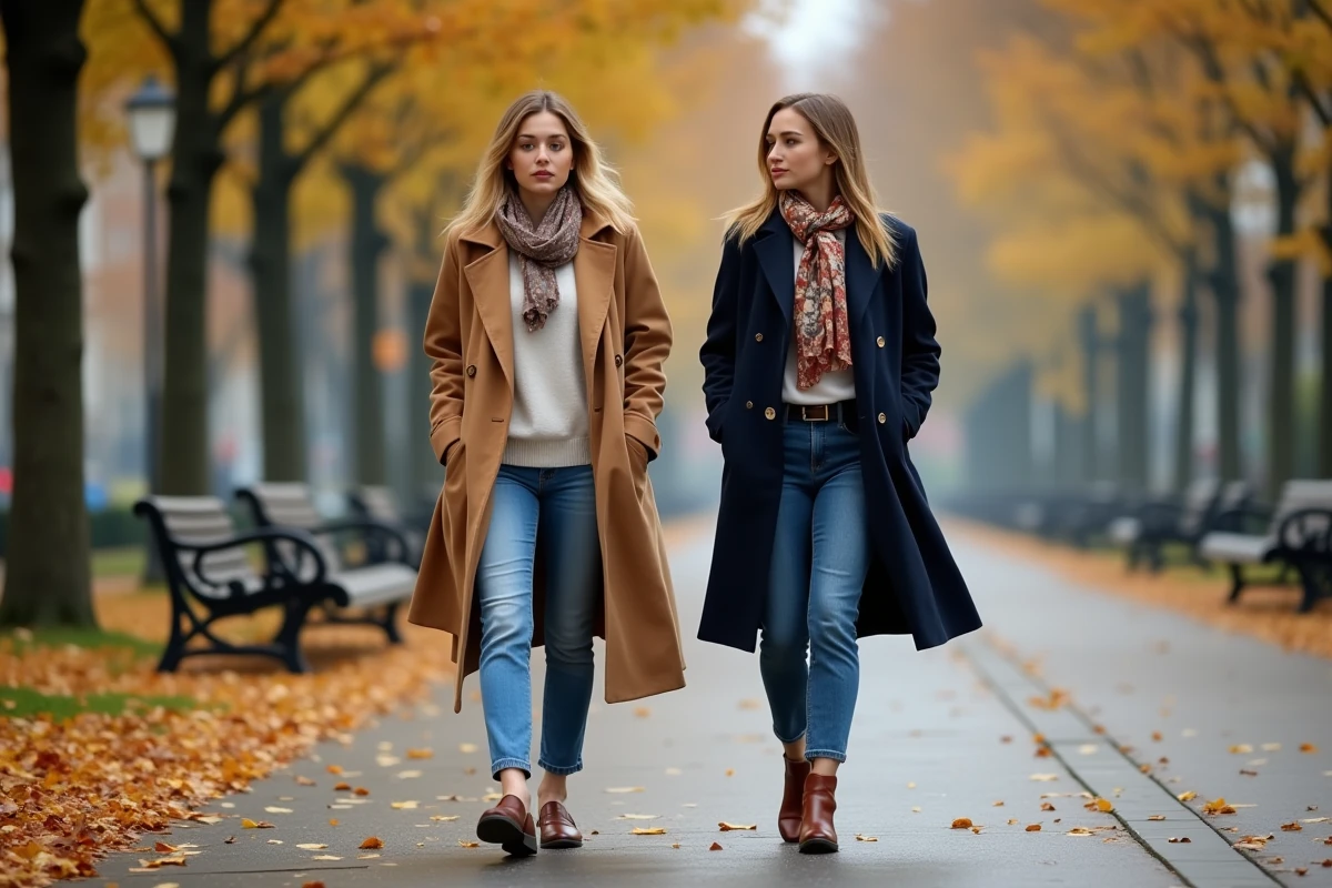 Deux femmes élégantes en manteaux camel et marine marchant dans une avenue parisienne aux couleurs d'automne, tendances mode