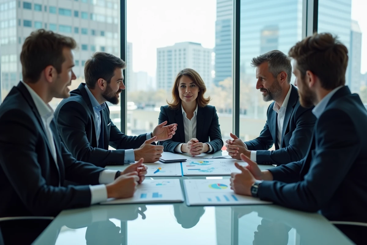 Groupe de professionnels discutant autour d