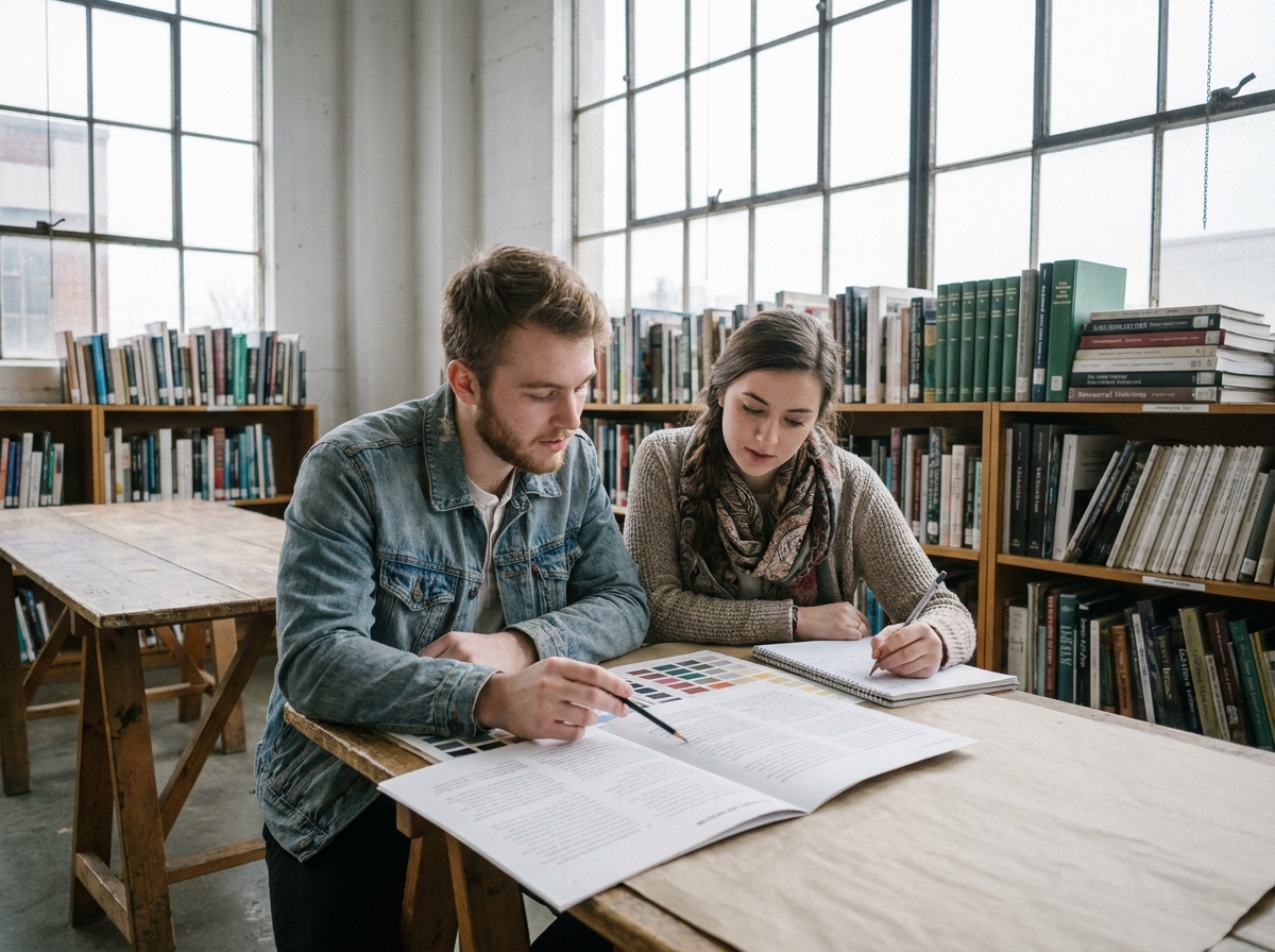 Deux étudiants comparant des programmes de formations artistiques dans une bibliothèque d'école d'art après le bac