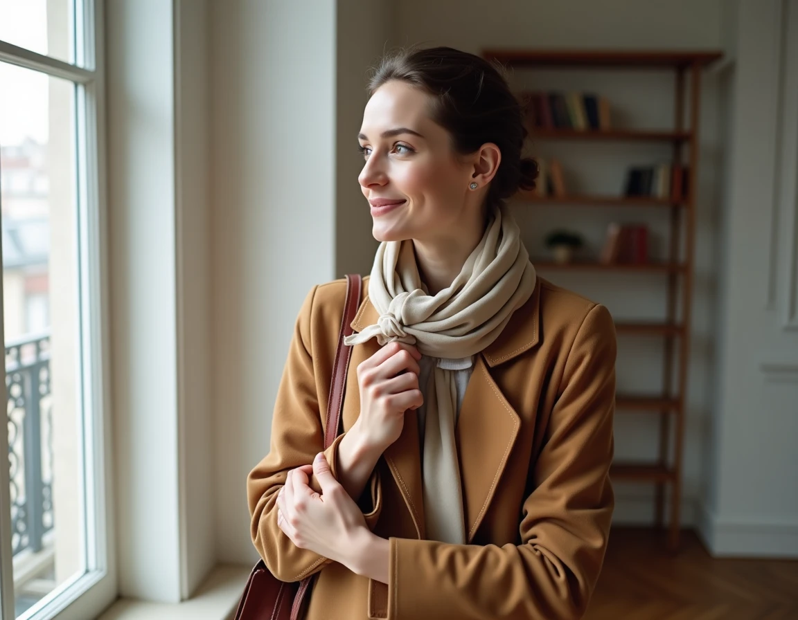 Femme élégante portant un sac en cuir et un foulard en soie dans un appartement parisien minimaliste