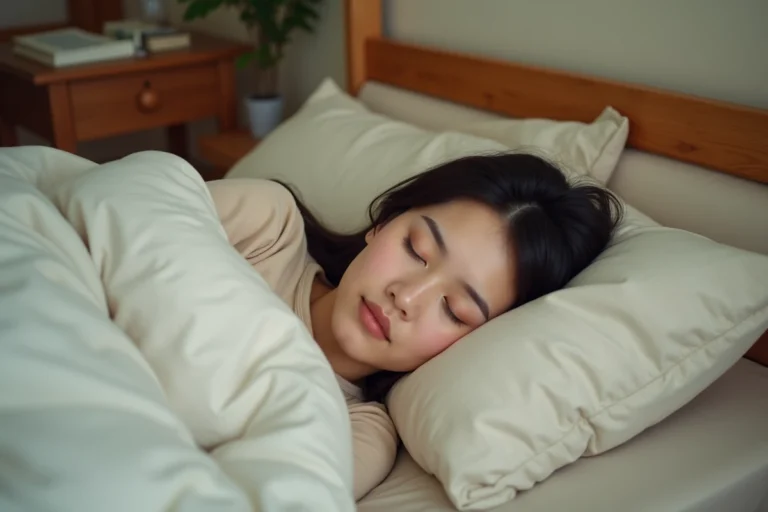 Femme adulte dormant paisiblement dans un lit confortable avec une couette blanche, illustrant l'importance d'une bonne durée de sommeil