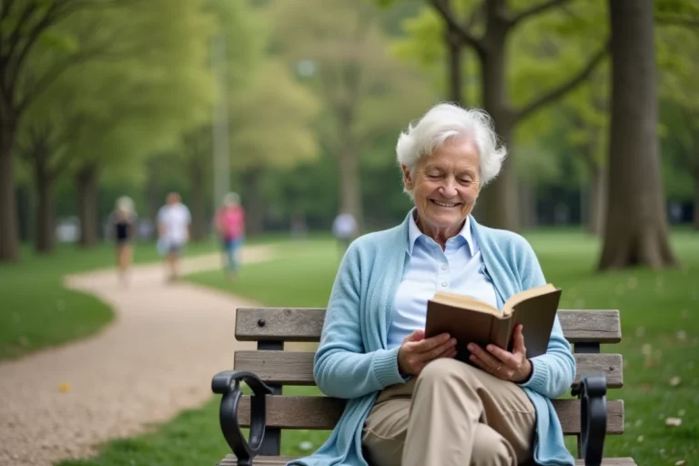 Femme âgée lisant dans un parc paisible en été