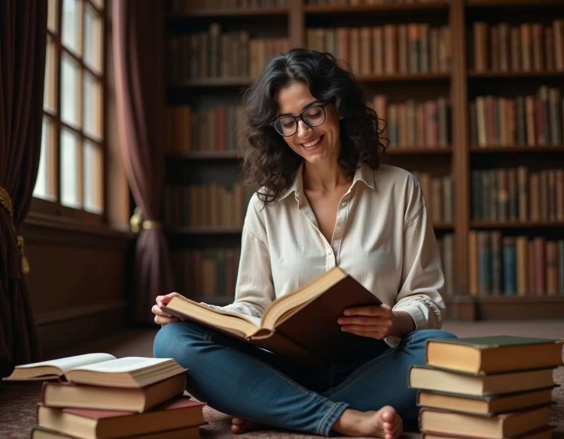 Femme adulte découvrant avec émerveillement des anecdotes surprenantes dans une bibliothèque vintage