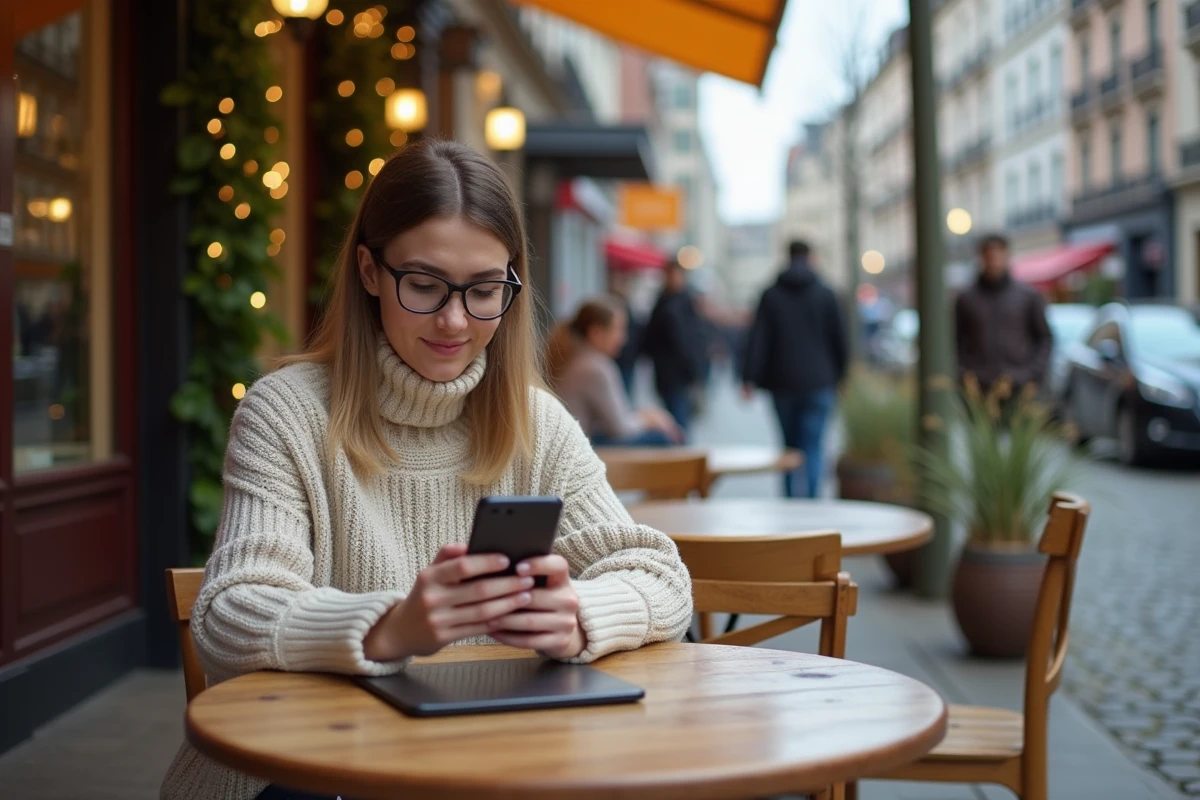 Femme au café utilisant son smartphone en extérieur