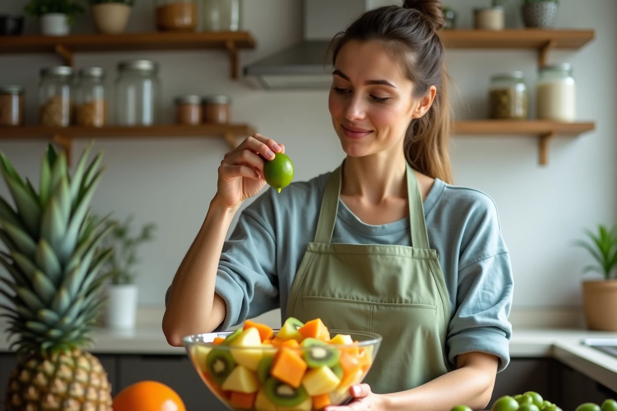 Femme pressant un citron vert sur une salade de fruits tropicaux dans un bol en verre, dans une cuisine authentique avec étagères en bois