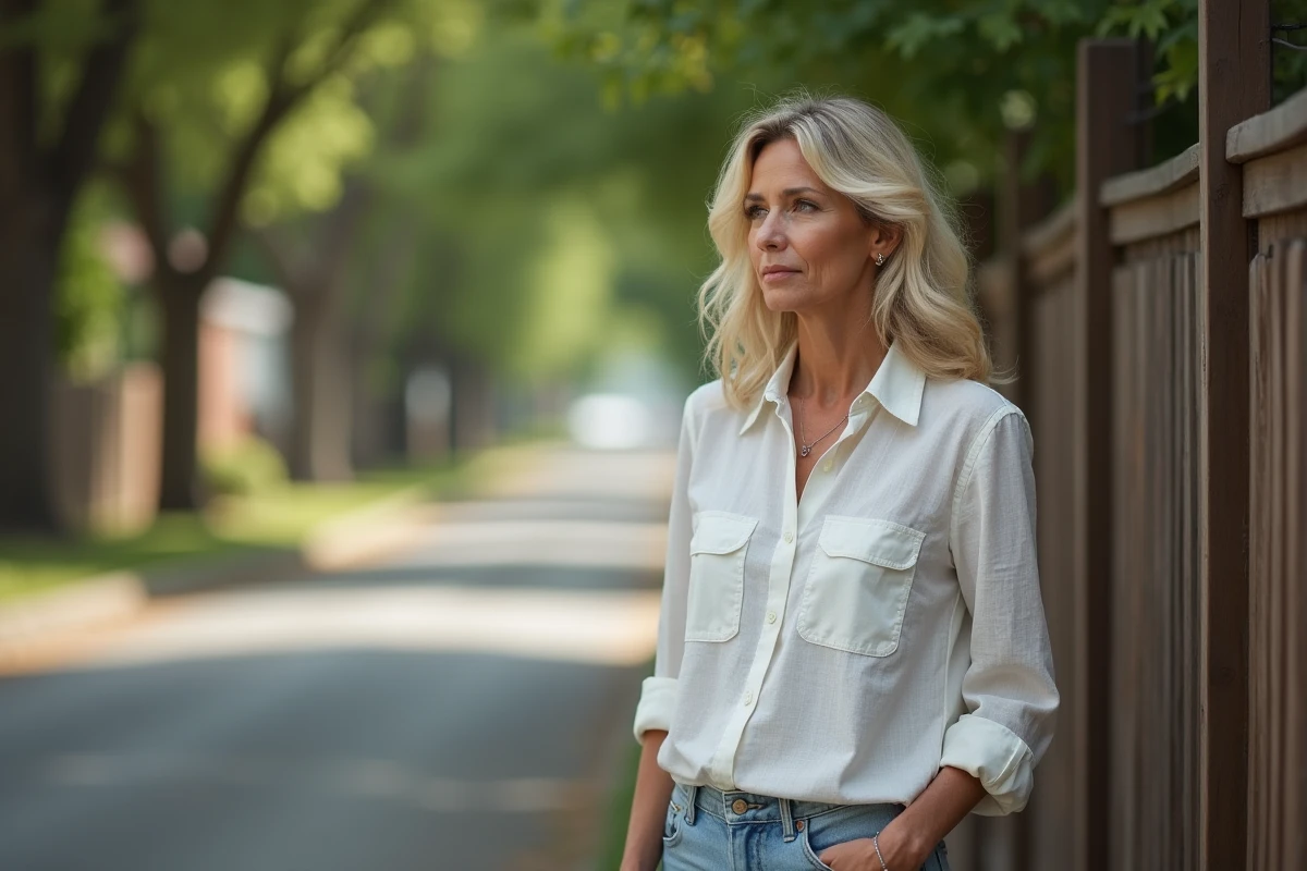 Femme blonde discrète aux cheveux ondulés près d'une clôture en bois dans un quartier calme, évoquant une vie privée et paisible
