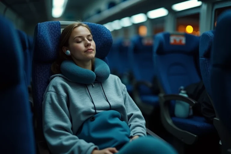 Jeune femme endormie confortablement dans un siège de Blablabus de nuit avec oreiller de voyage et écouteurs sans fil