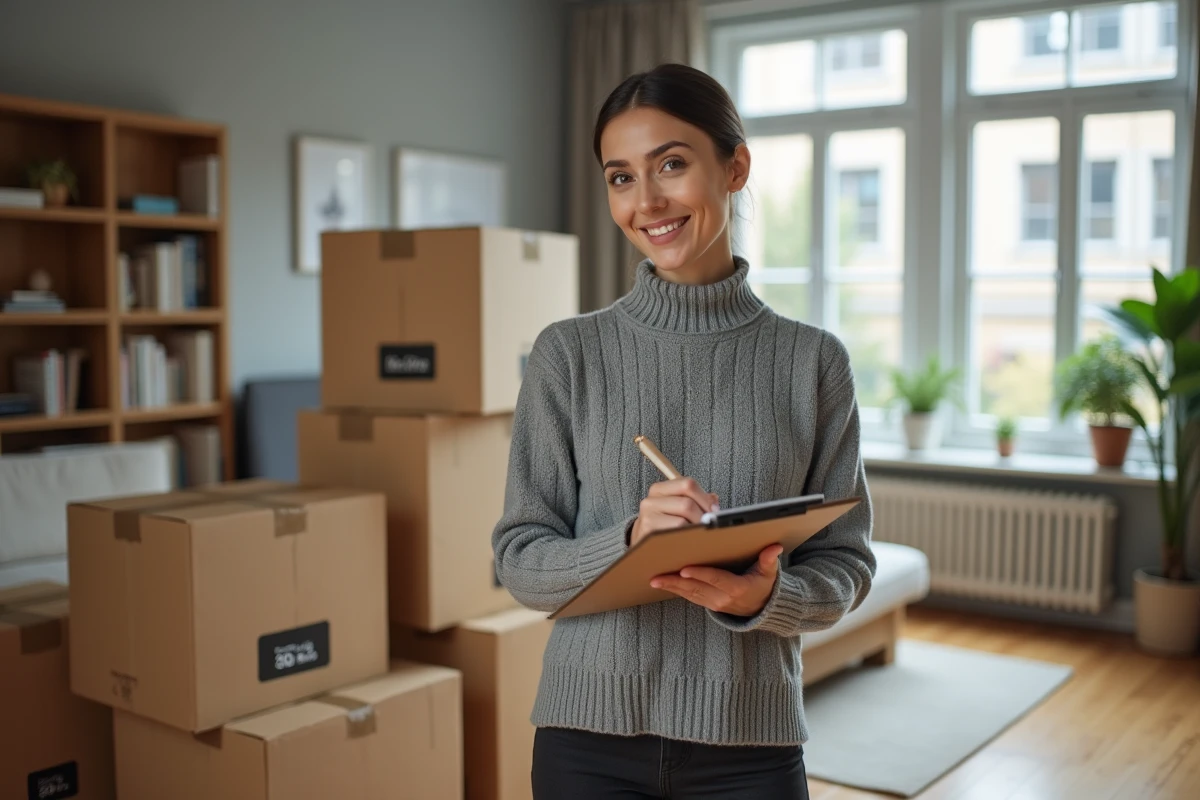Jeune femme notant sur un clipboard à côté de cartons organisés