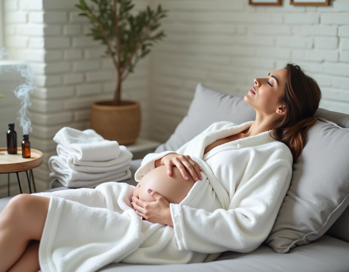 Femme enceinte détendue sur un canapé avec un diffuseur d'huiles essentielles et des flacons posés sur un plateau en marbre