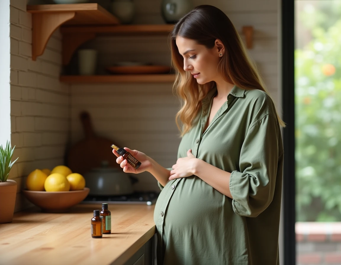 Femme enceinte dans une cuisine lisant attentivement l'étiquette d'un flacon d'huile essentielle avant utilisation