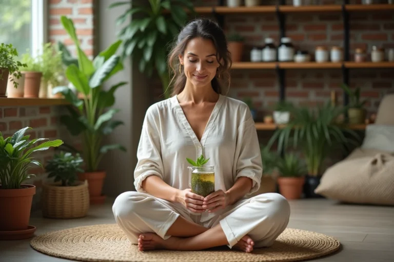 Femme méditative préparant une infusion d'herbes dans un salon naturel
