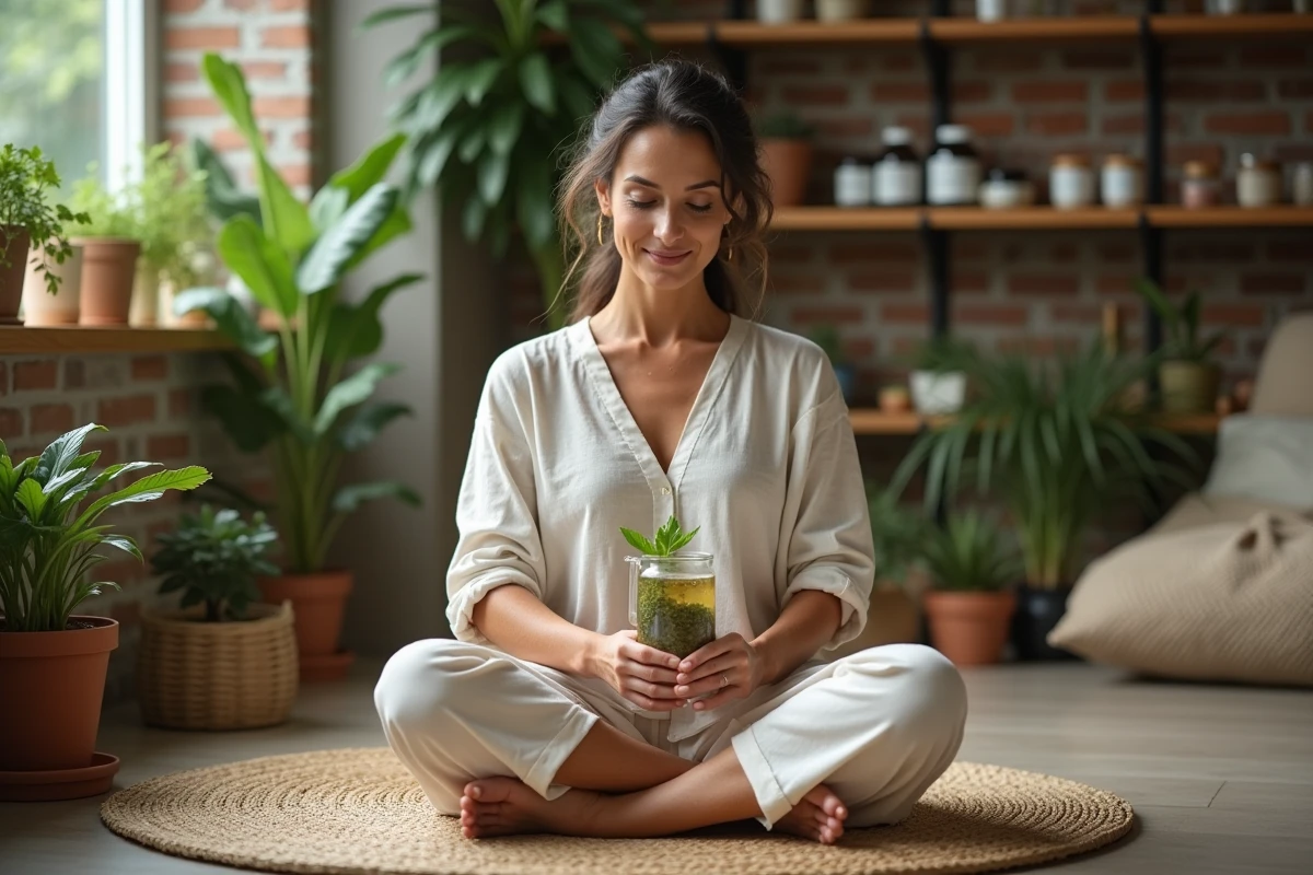 Femme méditative préparant une infusion d'herbes dans un salon naturel