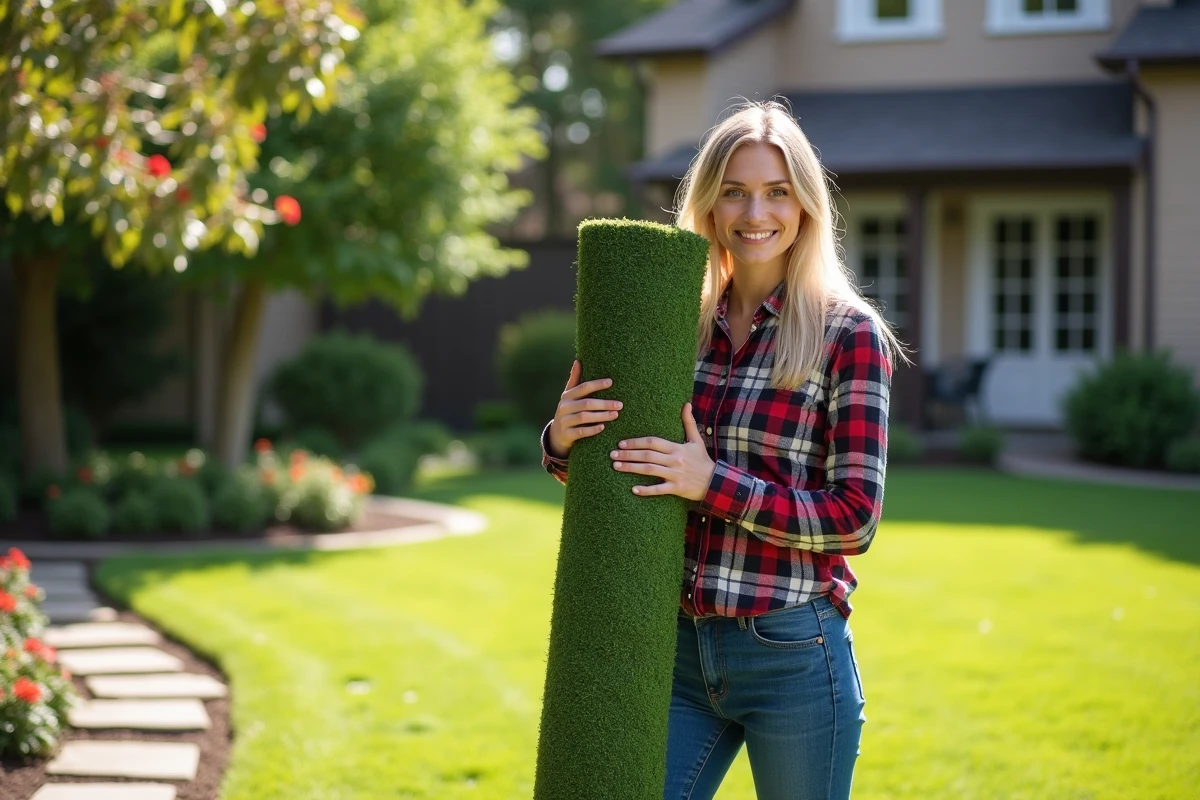 Jeune femme souriante tenant un rouleau de gazon dans le jardin