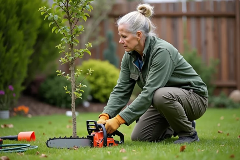 Femme en vêtements pratiques utilisant une tronconneuse dans son jardin
