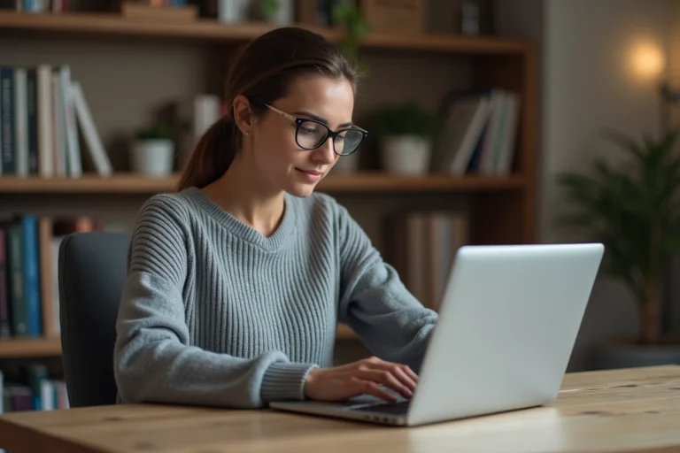 Jeune femme naviguant sur une plateforme légale de contenus numériques depuis son bureau à domicile