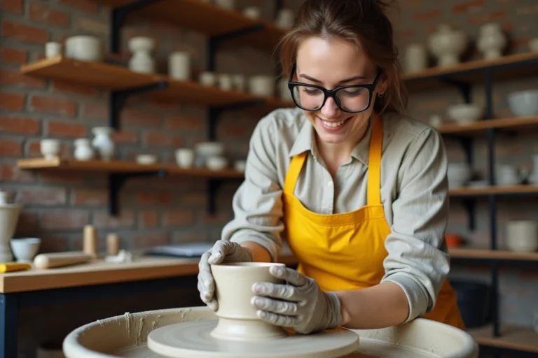 Femme pratiquant la poterie sur un tour en argile dans un atelier créatif moderne, loisir innovant et artisanal