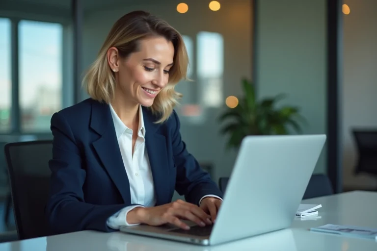 Femme d'affaires en bureau moderne avec ordinateur