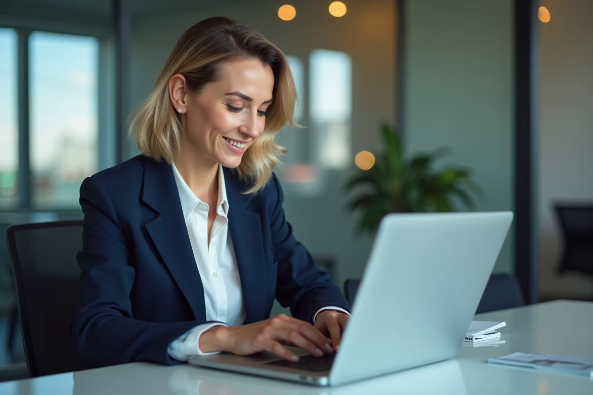 Femme d'affaires en bureau moderne avec ordinateur