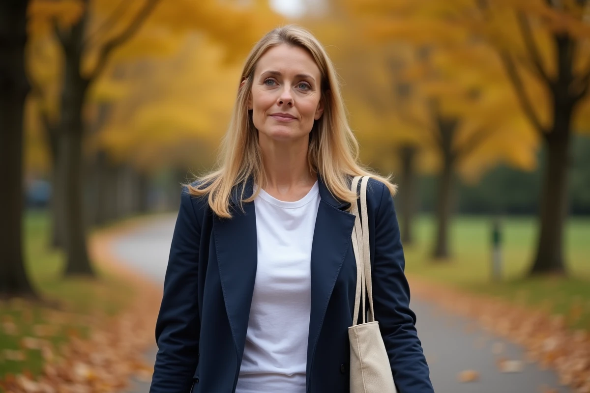 Femme blonde marchant dans une allée de parc en automne avec des feuilles dorées au sol, portrait éditorial en cadre naturel et discret