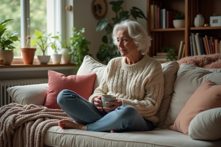 Femme méditant dans un salon cosy avec thé