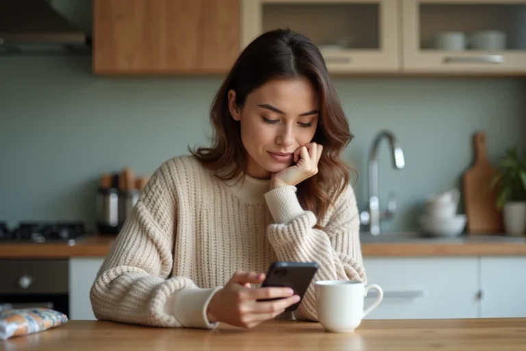 Femme assise à la cuisine avec smartphone et tasse