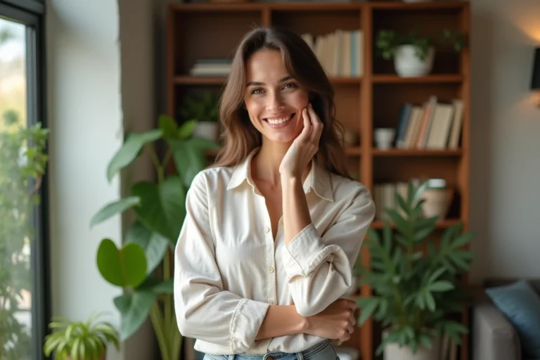 Femme souriante dans un appartement lumineux et cosy