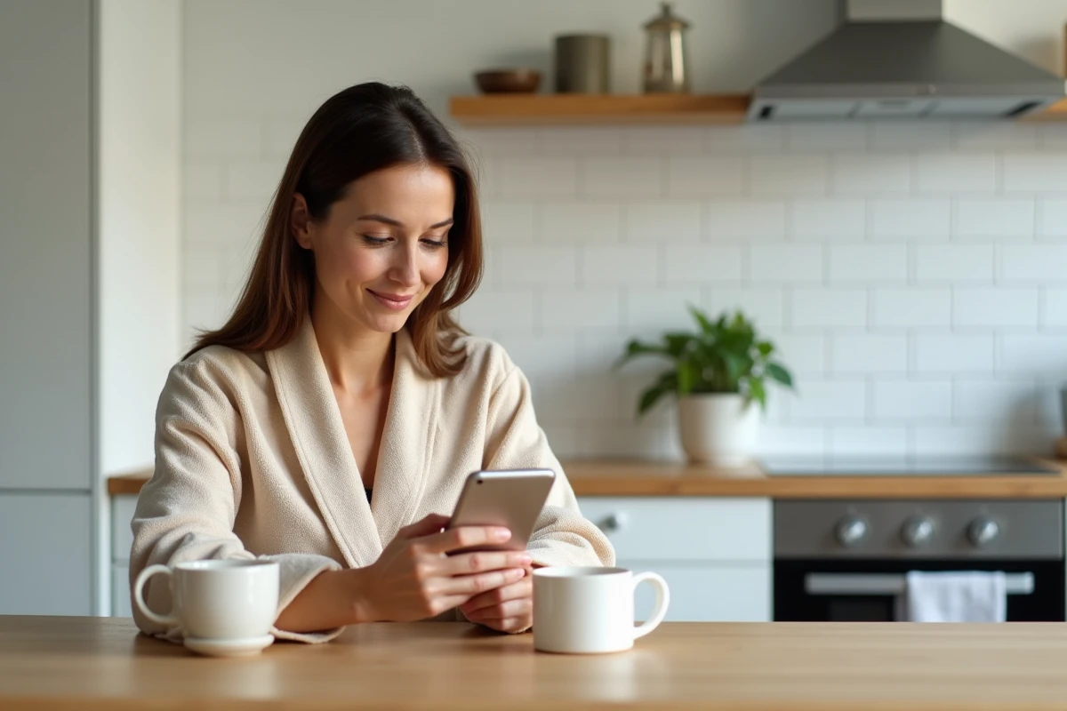 Femme adulte consultant une application de suivi du sommeil sur smartphone le matin avec un café, illustrant les recommandations pour optimiser sa durée de sommeil