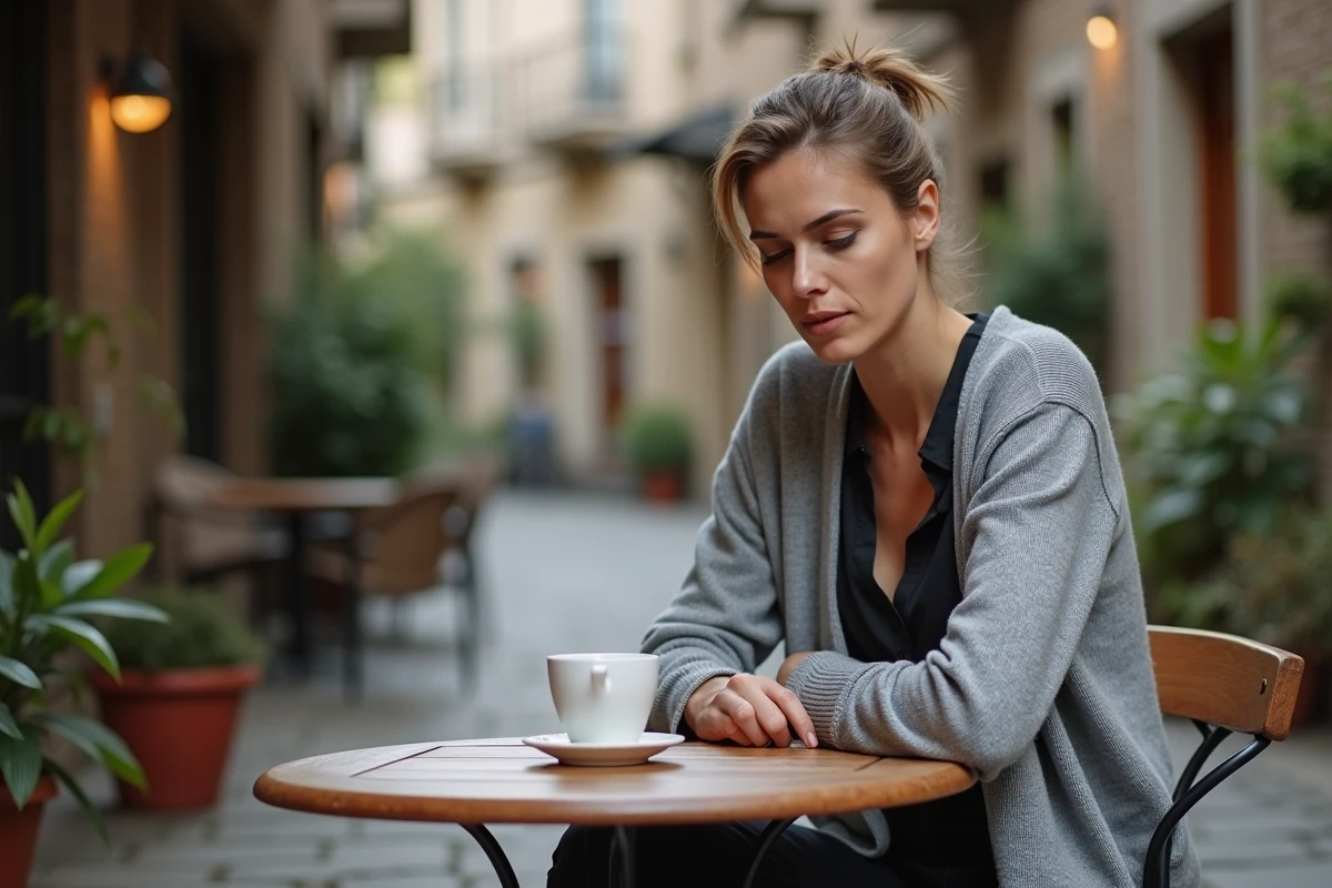 Femme en cardigan gris attablée en terrasse de café avec une expression sereine et introspective, illustration d'une vie simple et discrète